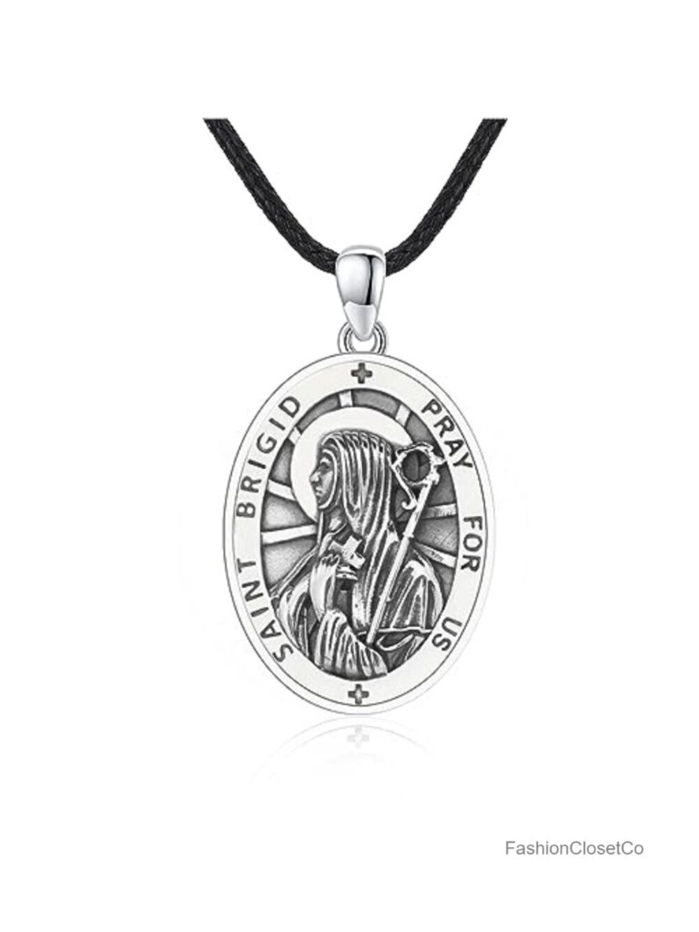 925 Sterling Silver Saint Brigid Medal Necklace - Leather Chain for Men Women